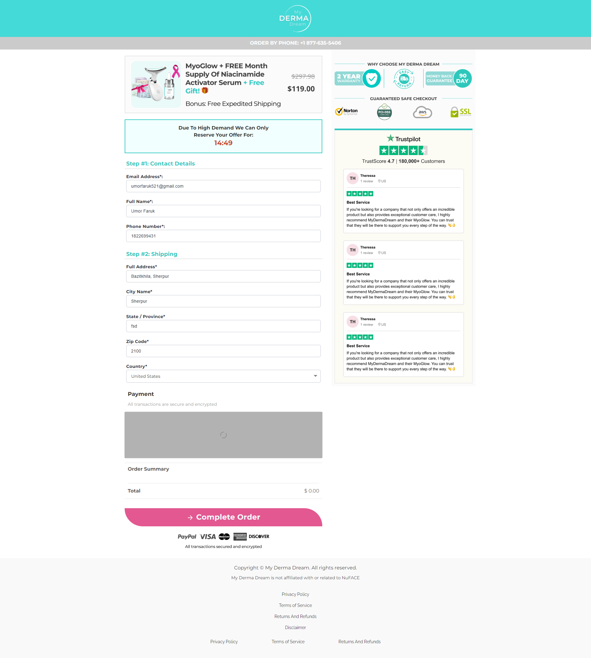My Derma Dream Checkout Page On Funnelish beauty funnel funnelish funnelish expert my derma dream funnel