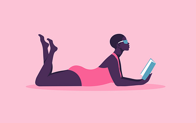 An African woman in a swimsuit is lying and reading a book. african african woman beach book diversity fashion model flat illustration portrait reading student summer vector woman