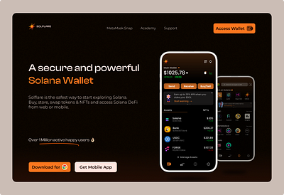 Landing page and App exploration for Solflare Wallet - Solana app branding design graphic design illustration logo typography ui ux vector