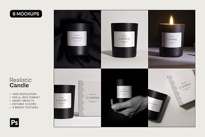 Realistic Candle - 6 Mockups Set black candle box design box mockup box packaging candle candle box candle jar candle label candle mockup candle packaging candlelight