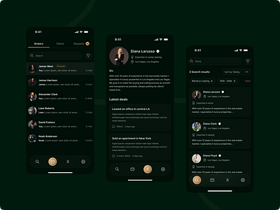 Real Estate Broker & Client Management App – Dark UI Concept bio broker clean design dark mode dark ui inbox messenger mobile app profile real estate search results ui ux