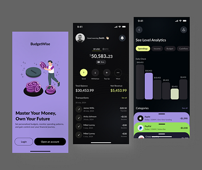 BudgetWise - Finance Mobile App banking budget app design e wallet finance finance app finance management fintech fintech app mobileapp money product design ui ui design uiux ux wallet