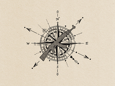 "Navigator's Blade" Tattoo Illustration badge design black and white illustration branding compass illustration compass tattoo design emblem design engraving illustration illustration logo vintage illustration