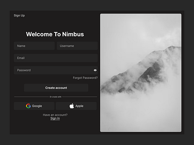 Nimbus - Signup Screen product design signup ui user experience user interface ux web design