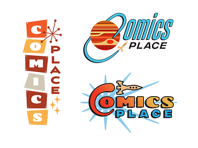 Comic Shop Rebrand 1950s 1960s comic book comic shop future futuristic jupiter logo design mid century modern nasa rebrand retro road sign saturn sci fi space space travel star trek star wars superman