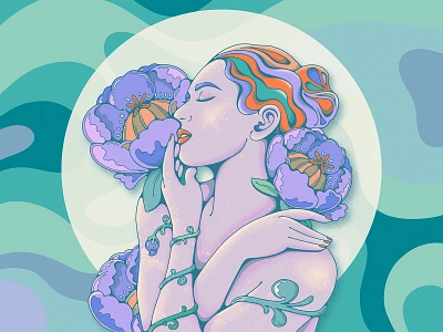 Take a Deep Breath 70s inspired female energy floral illustration green illustration livelyscout modern pop mother nature portrait procreate psychedelic retro vintage illustration woman