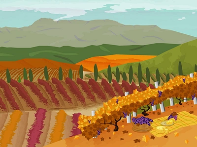 vineyards in the mountains, Crimea autumn design food graphic design illustration mountains picnic trees vector vineyards wine winery