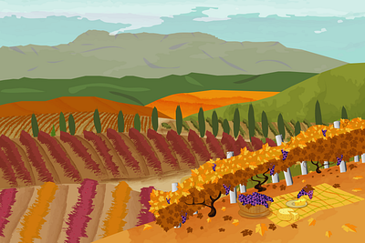 vineyards in the mountains, Crimea autumn design food graphic design illustration mountains picnic trees vector vineyards wine winery