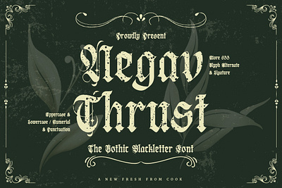 Negav Thrust – Gothic Blackletter Font apparel blackletter branding dark decorative design display english font gothic horror illustration modern new old trend typeface typography vintage web