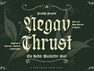 Negav Thrust – Gothic Blackletter Font apparel blackletter branding dark decorative design display english font gothic horror illustration modern new old trend typeface typography vintage web