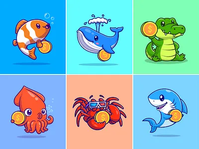 Animals Coin🐳🦀🪙 animals bitcoin character coin crab crocodile crypto cute dollar doodle fauna fish icon illustration logo money octopus sea shark whale