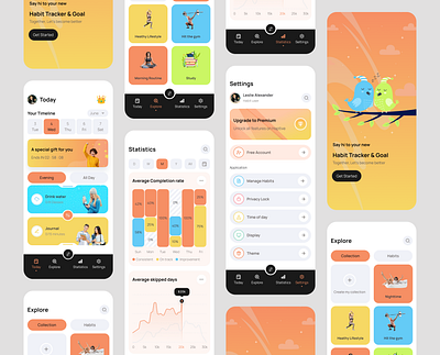 Habits Tracker & Goals | Mobile App Redesign apppresentation appui appux cleanui creativedashboard daliyhabits designinspiration dribbbleshowcase figmacommunity figmadesign goalapp goalsetting habittracker minimaldesign mobileappdesign mobiledesign productivityapp uidesign uxdesign