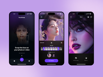 Face Swap Mobile App ai app app design application artificial intelligence design face flat gradient image ios app iphone app minimal mobile app pink purple swap ui ux