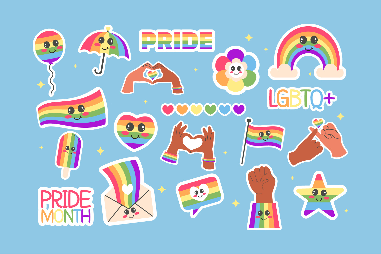 Lgbt pride kawaii stickers flag flower heart kawaii lgbt peace pride rainbow stikers umbrella
