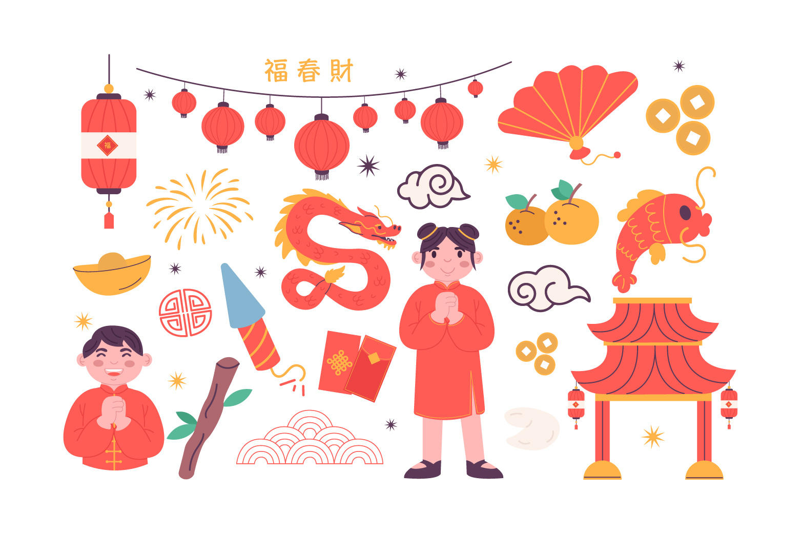 Elements for chinese new year festival cartoon chinese dragon festival new year people