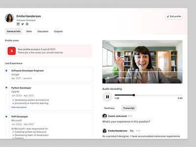 Candidate profile - Overall view & Score ai ai candidate score candidate candidate experience candidate process candidate profile candidate recruitment candidate score candidate scoring candidate screen hr job experience potential scoring product design profile recruitment scoring transcript video video transcript