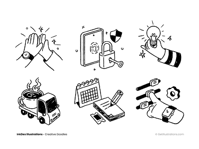 Inkdex Doodle Spot Illustrations black and white branding calendar coffee design doodle art icon icons idea illustrations index notes notion outline security settings success ui vector web illustration