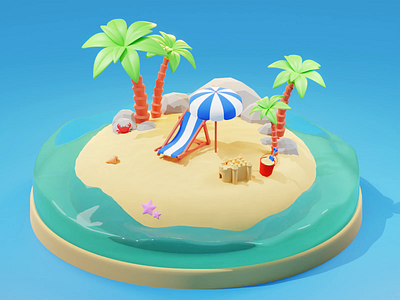 Beach Island - 3D Illustration 3d 3d animation 3d illustration adventure animation animation hero beach beach animation blender design hero header holiday illustration island maya palm relax sand vektora water