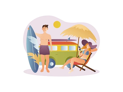 Summer Travel 2D Animation 2d animation beach camper van couple familly flat illustration man motion palm trees sea summer surfboard surfing travel trip vacation weekend woman