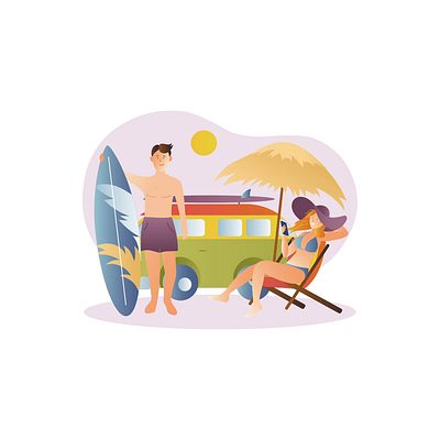 Summer Travel 2D Animation 2d animation beach camper van couple familly flat illustration man motion palm trees sea summer surfboard surfing travel trip vacation weekend woman