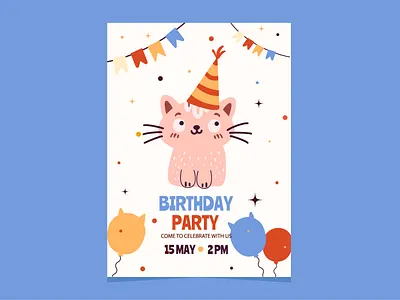 Birthday party invitation with doodle cat character birthday cat character doodle invitation party