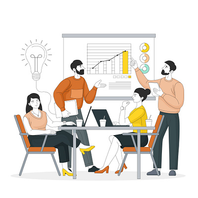 Business team discussing ideas for startup with modern design brain storming employee flat design hand drawn design illustration meeting men modern design officer paople presentation star up teamwork vector women