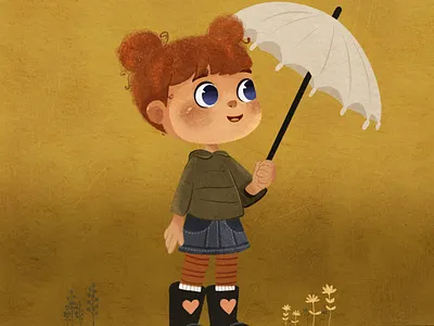 Little girl under umbrella character design children book illustration