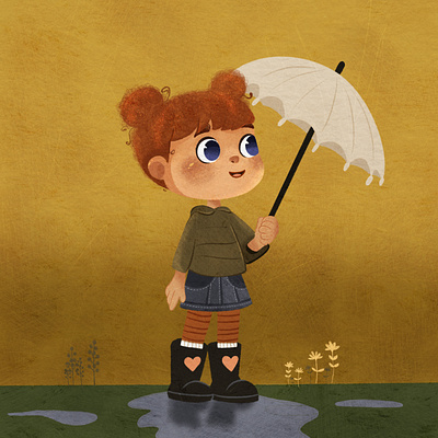 Little girl under umbrella character design children book illustration