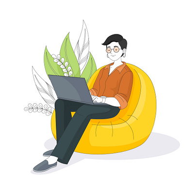 A woman sitting on the sofa using a laptop business business women cute women design flat design illustration learning modern design sitting people star up student using laptop vector women