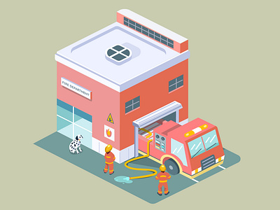 Fire Station Preparations 2d alarm clean concept daily design dog engine fire fire department firehouse fireman firestation game graphic design illustration illustrator isometric red vector