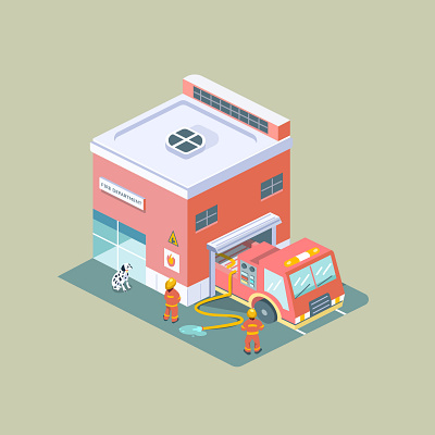 Fire Station Preparations 2d alarm clean concept daily design dog engine fire fire department firehouse fireman firestation game graphic design illustration illustrator isometric red vector