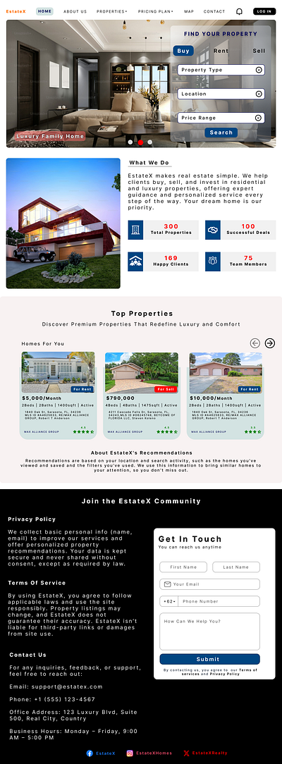 Real Estate Website Interface contact figma footer section grid card real estate search format ui ux website