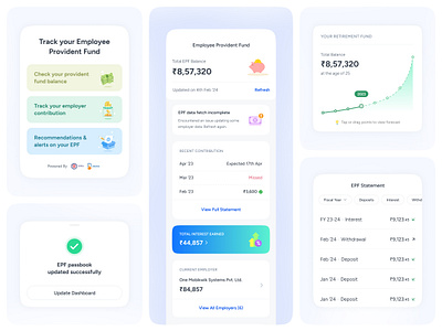 Employees' Provident Fund Dashboard bento clean design employee provident fund epf fintech graph illustration information mobikwik mobile ux pension pitch table tax saving track ui ux