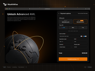 WealthWise - Money Laundering Detector - SaaS - UI 🔥 app apple pay billing design google pay graphic design invoice laundering orange payment page pricing product product design saas stripe summary ui ui design ux solution web app