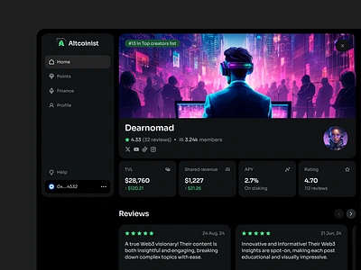 Altcoinist - Web3 platform for Creators ai ai ui canvas ui crypto dark ui degen floating ui generative ui modular ui onchain profile review sidebar stat web3