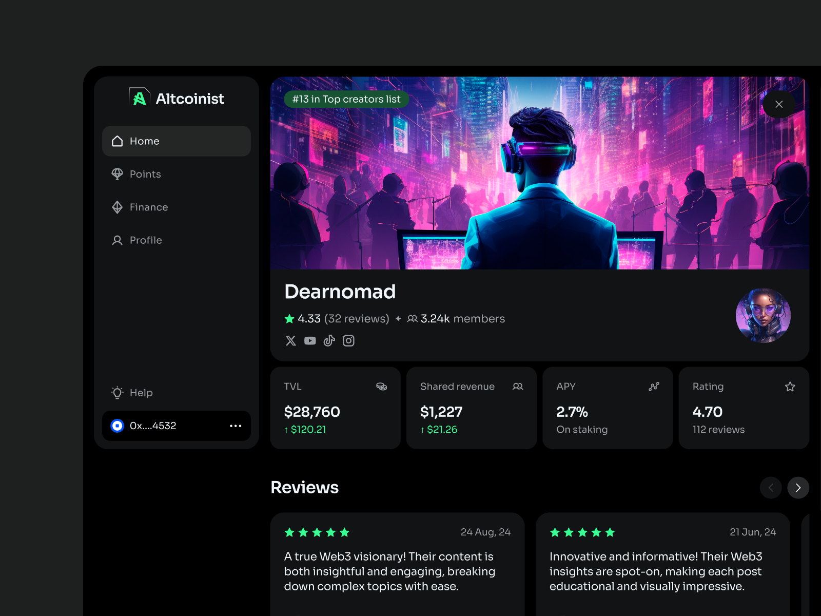 Example of Altcoinist - Web3 platform for Creators