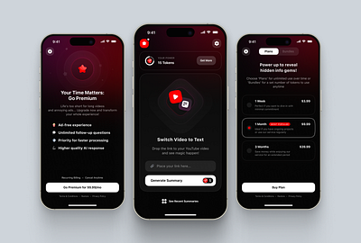 Utility App: Summarizing Videos using AI potential app store dark theme graphic design illustration ios app marketing design paywall product design summary ui utility ux visual design