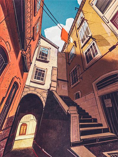 Lisbon alley arch architecture building city cityscape europe expressive illustration italy landscape lisbon mediterranean portugal spain staircase stairs street stylized urban