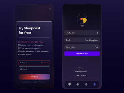 Sleepcast: ios app app dark illustration ios meditation paywall profile sleep
