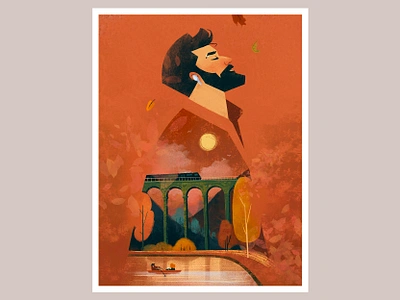 Autumn song. Poster illustration autumn beard cover earbuds illustration lake landscape man mood movie nostalgia orange poster romantic song sun trees