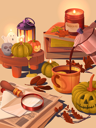 Trick or treat autumn books candle fall ghost halloween latter leaves light pumpkin tea