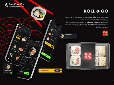 Roll & Go App UI Design app dark delivery food minimal sushi sushiapp ui uidesign uiux