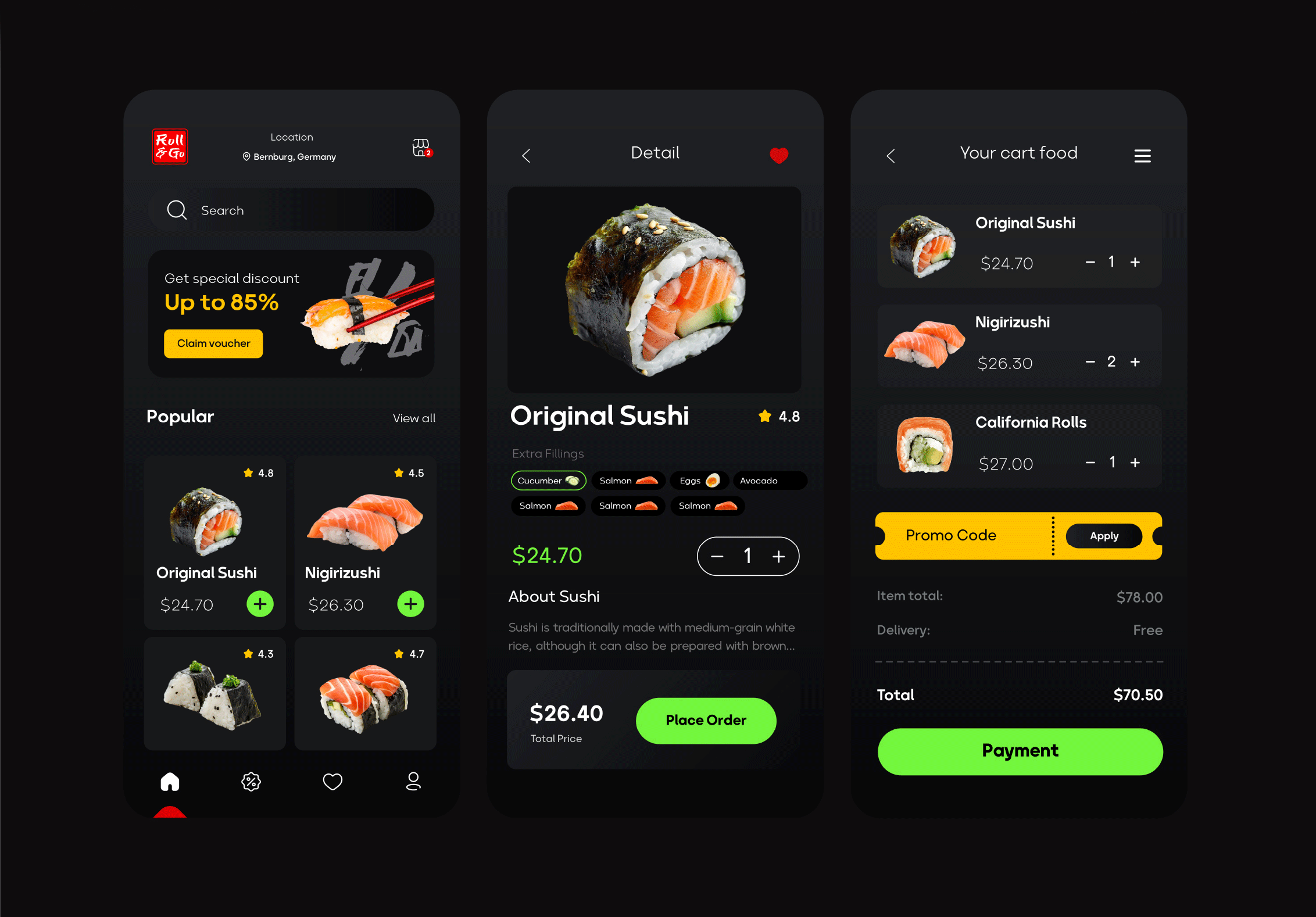 Roll & Go App UI Design app dark delivery food minimal sushi sushiapp ui uidesign uiux