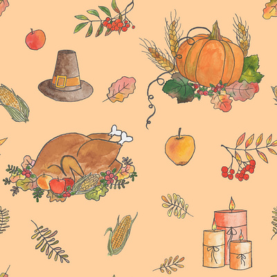 Seamless hand drawn pattern for Thanksgiving Day fabric hand drawn illustration pattern seamless surface textile thanksgiving thanksgiving day wallpaper watercolor wrapping