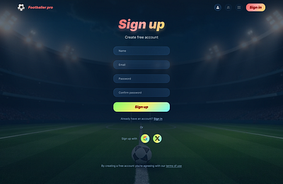 Sign up page for a mock football gaming website branding ui