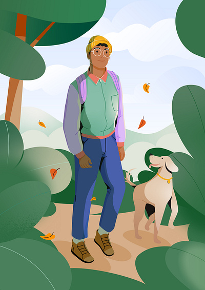 Autumn autumn boy character design dog forest graphic green illustration man pastel tree vector