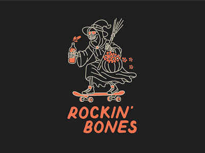 Rockin' Bones apparel bone clothing brand design ghost graphic design halloween illustration logo merch merchandise poster skate skateboard skeleton sticker t shirt tattoo tee vintage