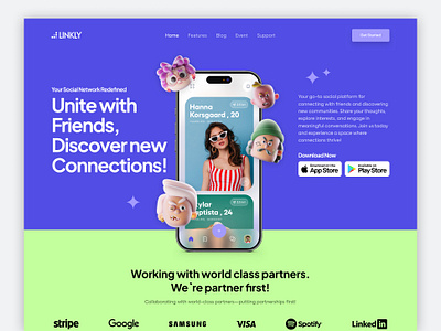 LINKLY - Social app landing page app brand communication connection design feed ios landing page mobile app networking profile social app social hub social media social platform startup ui ui ux web design webdesign