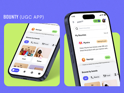 Bounty- UGC App's home page redesign 2024 content creator collaboration minimal ui mobile ui neel litoriya product review app real time review platform review app saloneel saloni ugc app ugc platform ui user generated mobile ui ux video review platform