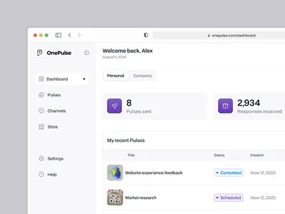 OnePulse: create, send and analyze surveys in minutes cards clean dashboard interaction minimalistic navigation saas side menu survey table ui design